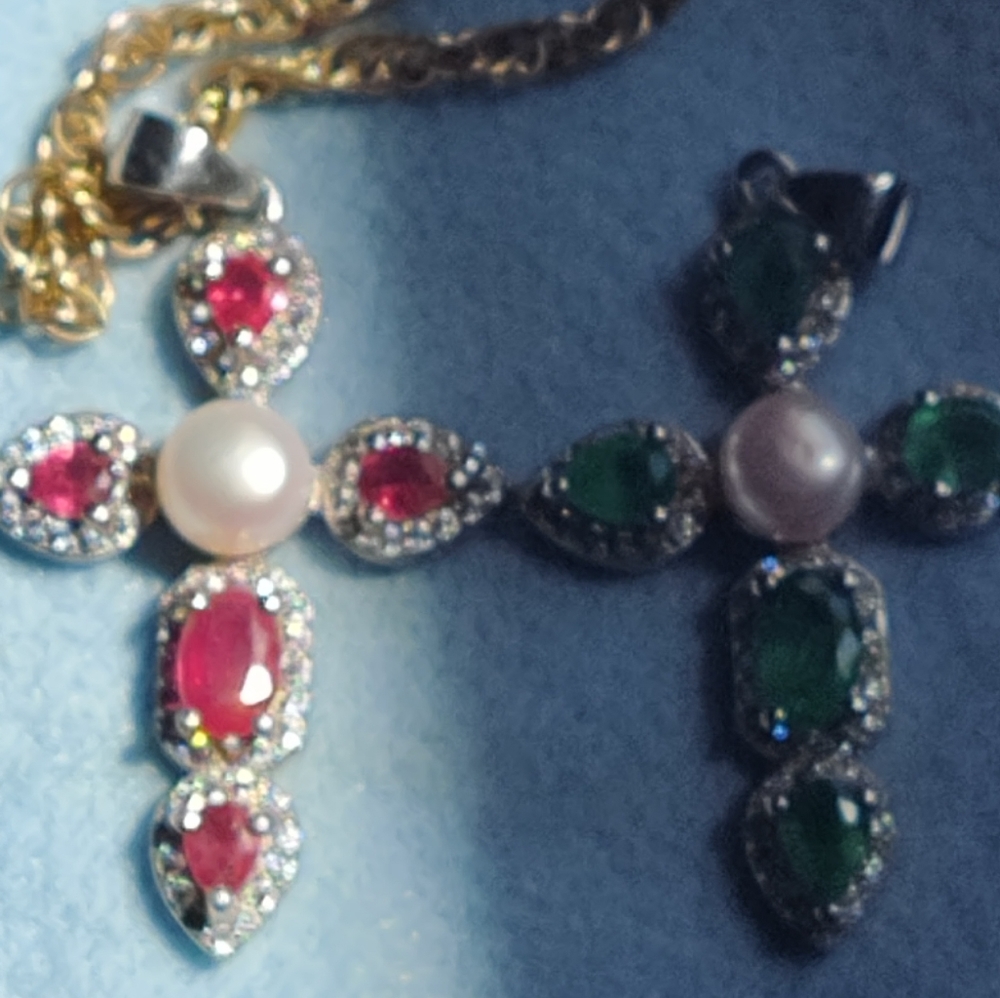 Genuine Emerald Pearl STERLING cross pendant.
